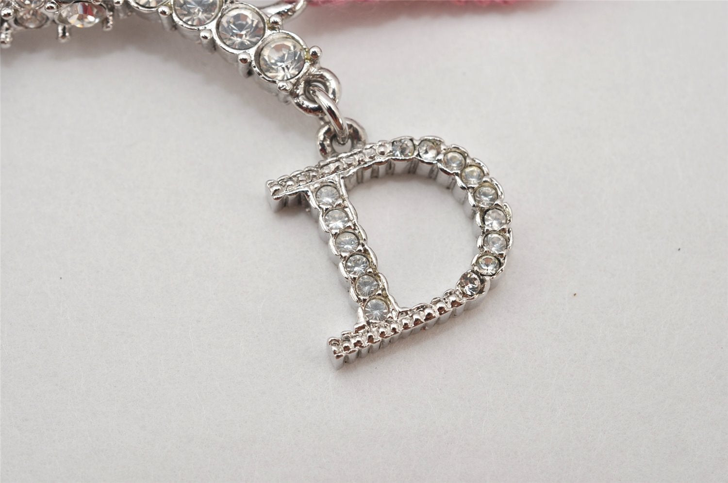 Authentic Christian Dior Ribbon Rinestone Chain Bracelet Silver Tone Pink 6179K
