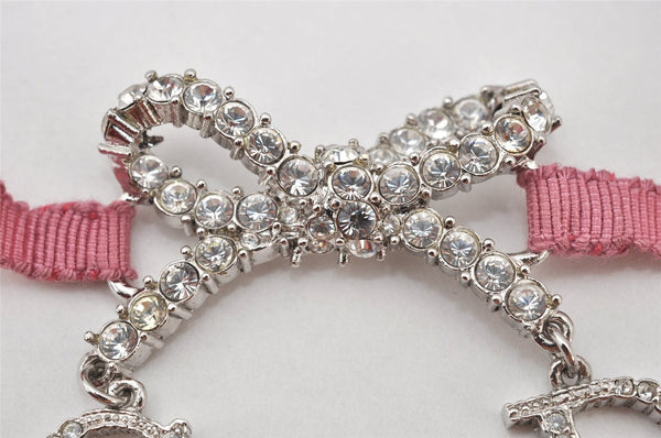 Authentic Christian Dior Ribbon Rinestone Chain Bracelet Silver Tone Pink 6179K