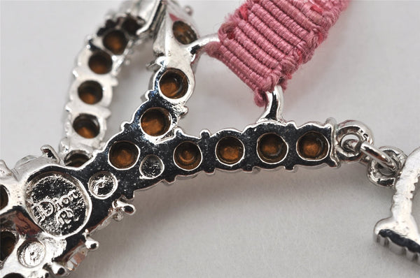 Authentic Christian Dior Ribbon Rinestone Chain Bracelet Silver Tone Pink 6179K