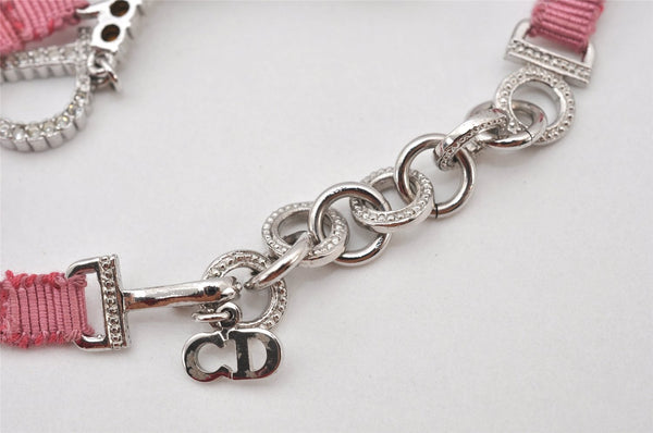 Authentic Christian Dior Ribbon Rinestone Chain Bracelet Silver Tone Pink 6179K
