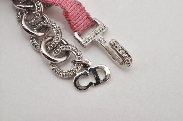 Authentic Christian Dior Ribbon Rinestone Chain Bracelet Silver Tone Pink 6179K