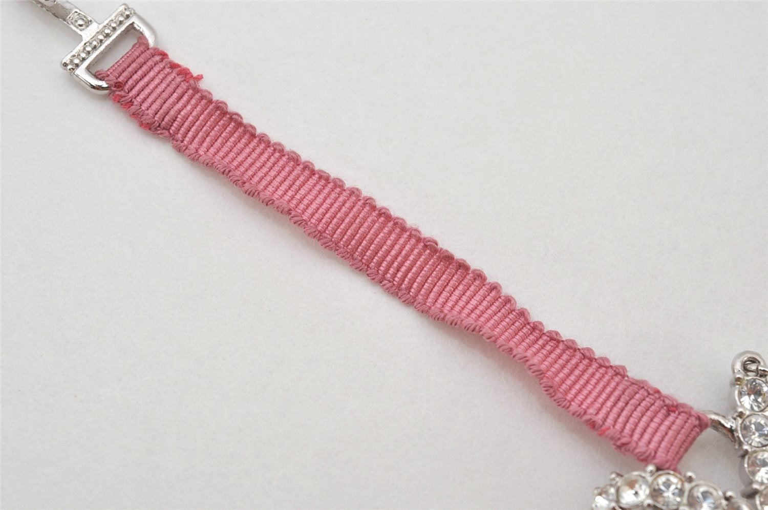 Authentic Christian Dior Ribbon Rinestone Chain Bracelet Silver Tone Pink 6179K