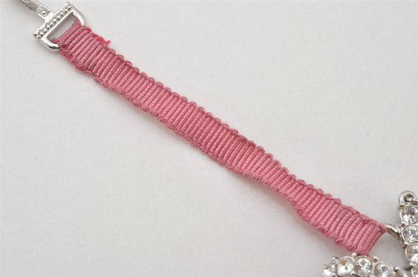 Authentic Christian Dior Ribbon Rinestone Chain Bracelet Silver Tone Pink 6179K