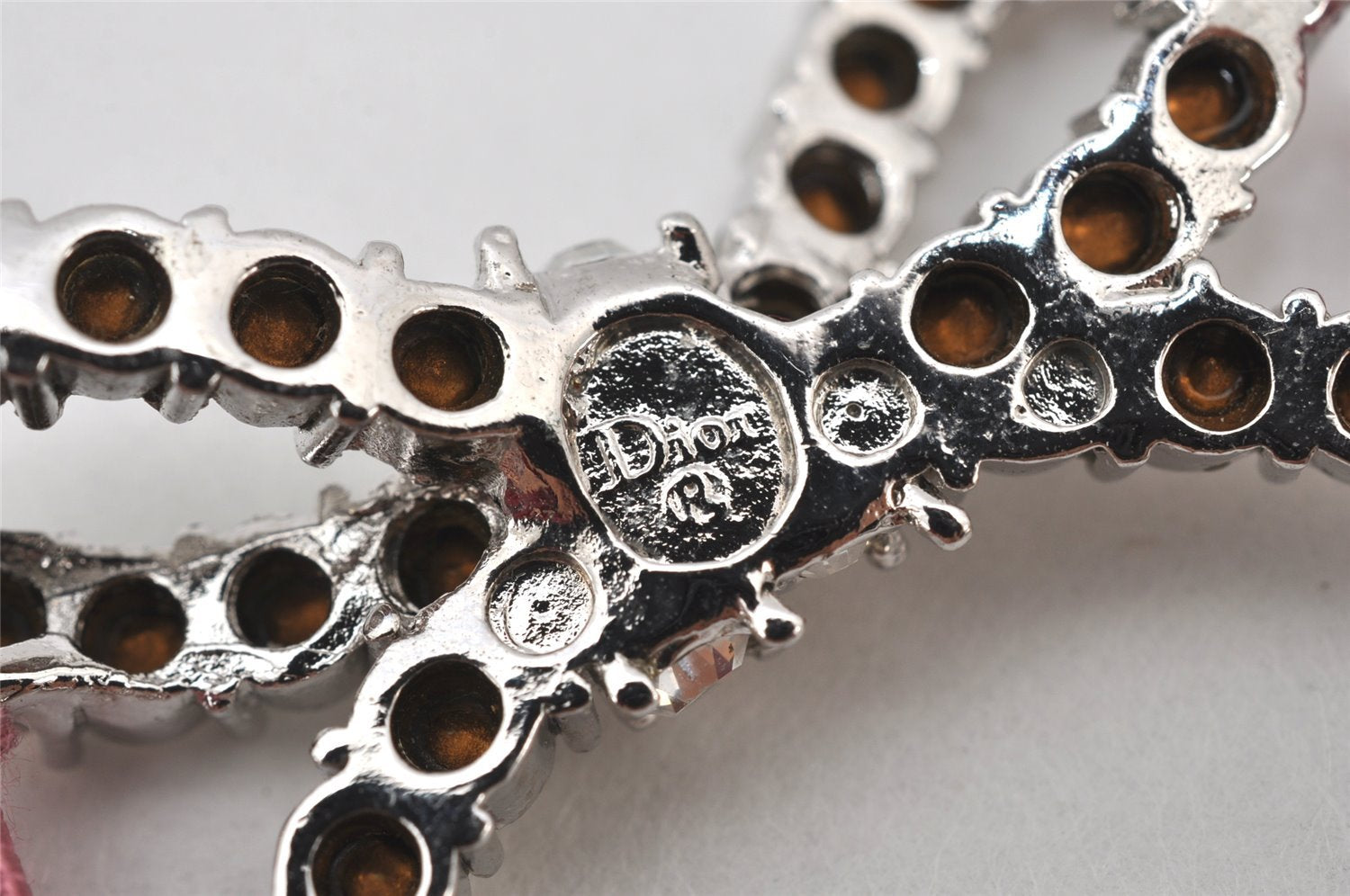 Authentic Christian Dior Ribbon Rinestone Chain Bracelet Silver Tone Pink 6179K