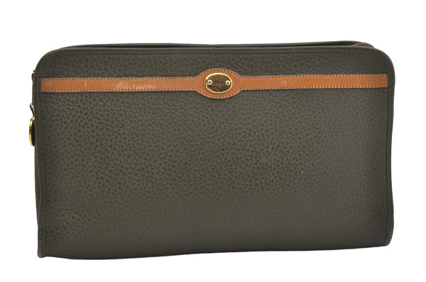 Authentic Christian Dior Vintage Clutch Hand Bag Purse Leather Khaki CD 6182J