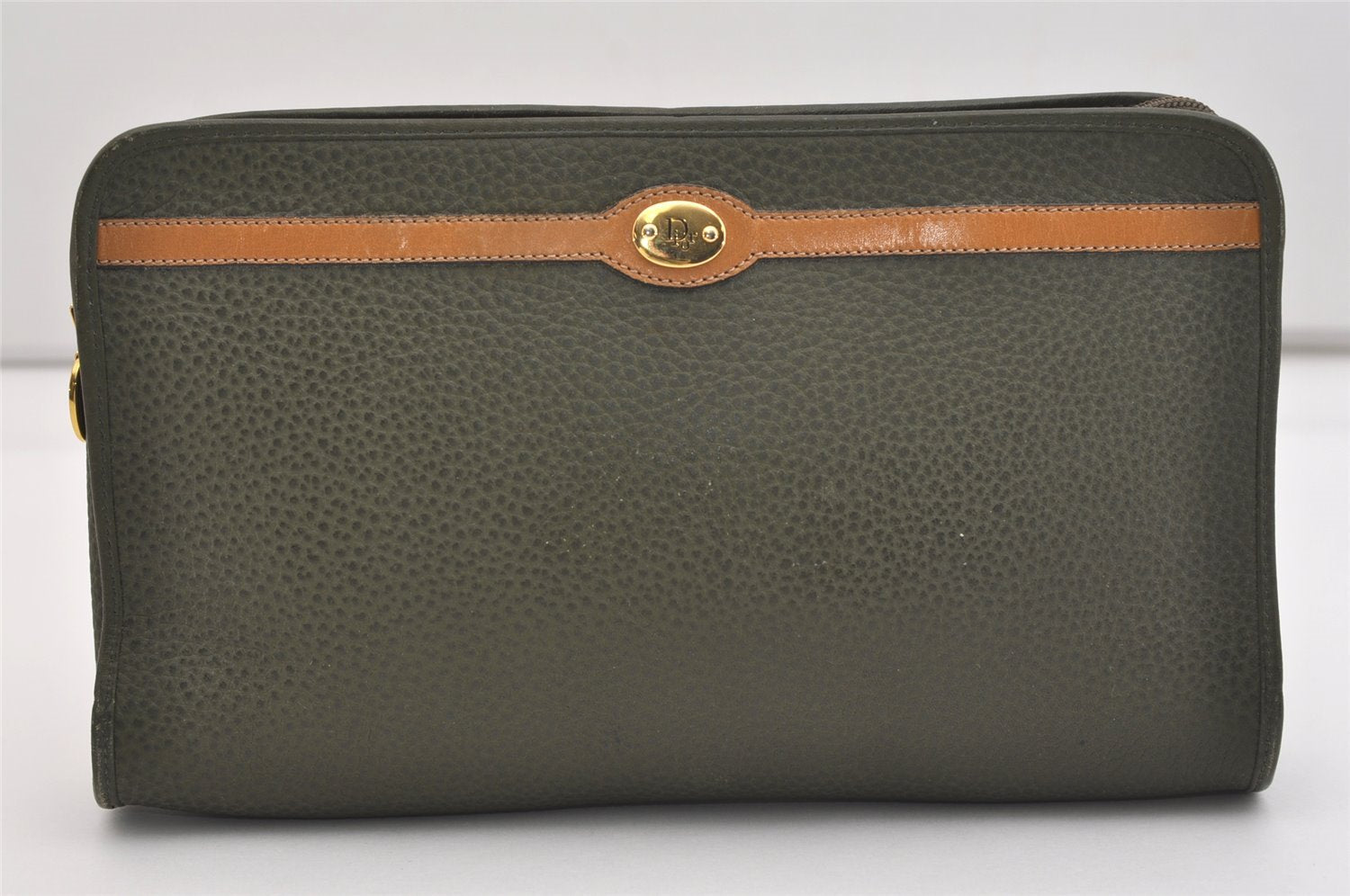 Authentic Christian Dior Vintage Clutch Hand Bag Purse Leather Khaki CD 6182J