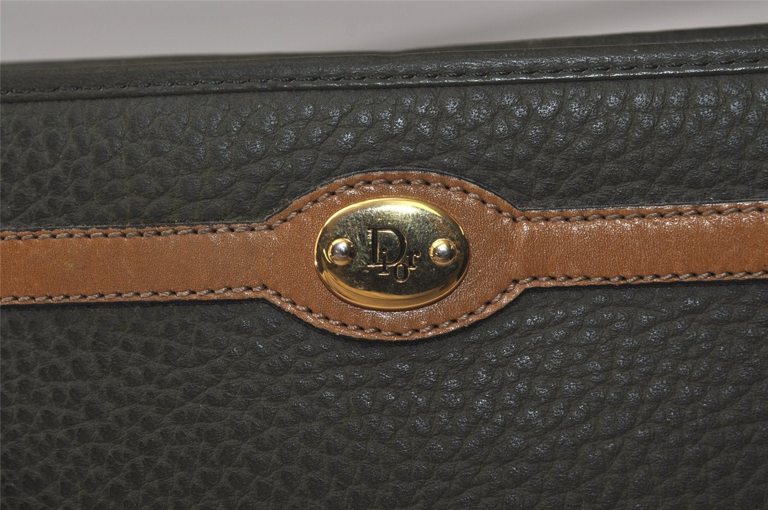 Authentic Christian Dior Vintage Clutch Hand Bag Purse Leather Khaki CD 6182J