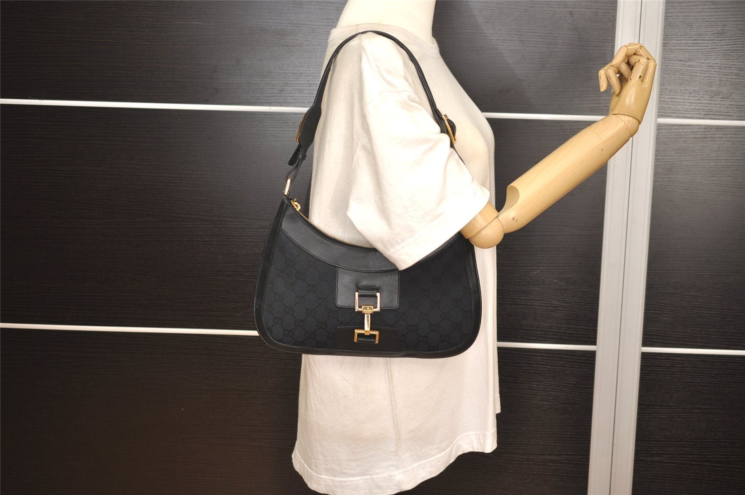 Authentic GUCCI Shoulder Cross Body Bag GG Canvas Leather 0014128 Black 6189J