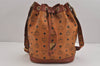 Authentic MCM Visetos Leather Vintage Shoulder Drawstring Bag Purse Brown 6190J