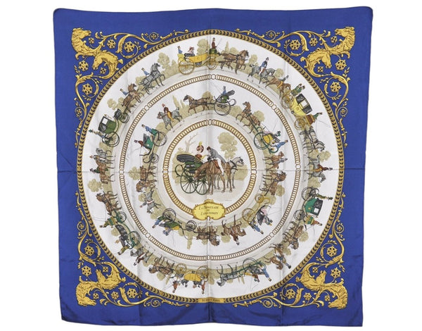 Authentic HERMES Carre 90 Scarf "LA PROMENADE DE LONGCHAMPS" Silk Blue 6191K