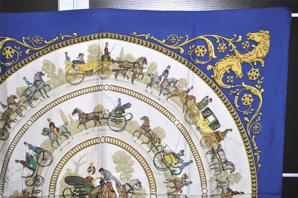 Authentic HERMES Carre 90 Scarf "LA PROMENADE DE LONGCHAMPS" Silk Blue 6191K