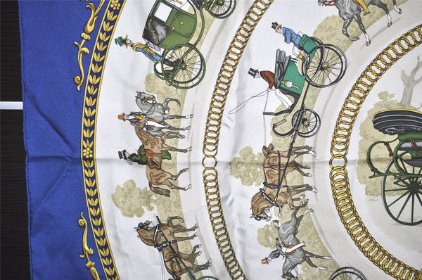 Authentic HERMES Carre 90 Scarf "LA PROMENADE DE LONGCHAMPS" Silk Blue 6191K