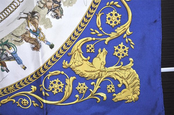 Authentic HERMES Carre 90 Scarf "LA PROMENADE DE LONGCHAMPS" Silk Blue 6191K