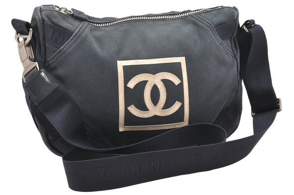 Authentic CHANEL Sports Line CC Logo Shoulder Cross Body Bag Canvas Navy 6193K