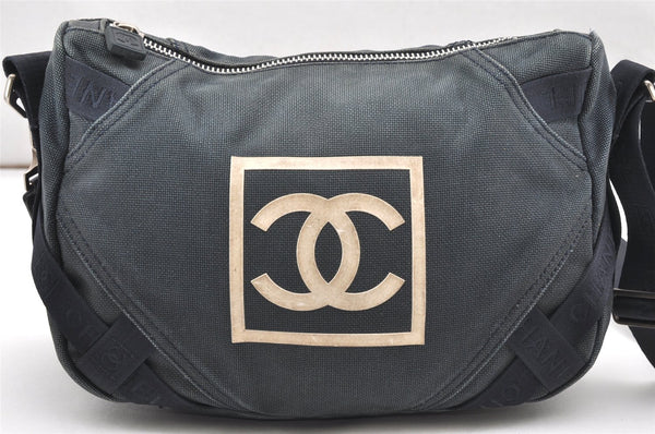 Authentic CHANEL Sports Line CC Logo Shoulder Cross Body Bag Canvas Navy 6193K