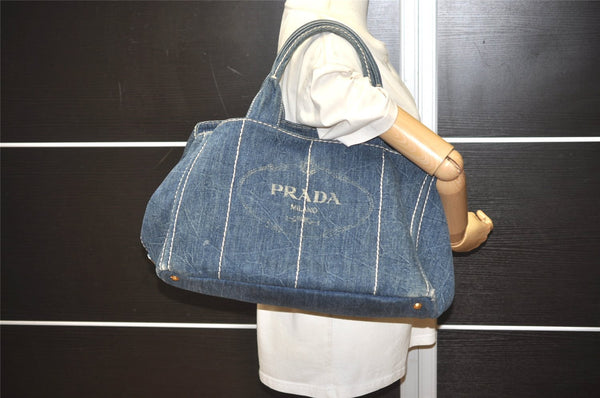 Authentic PRADA Canapa L Canvas Tote Hand Bag Denim Blue 6194I