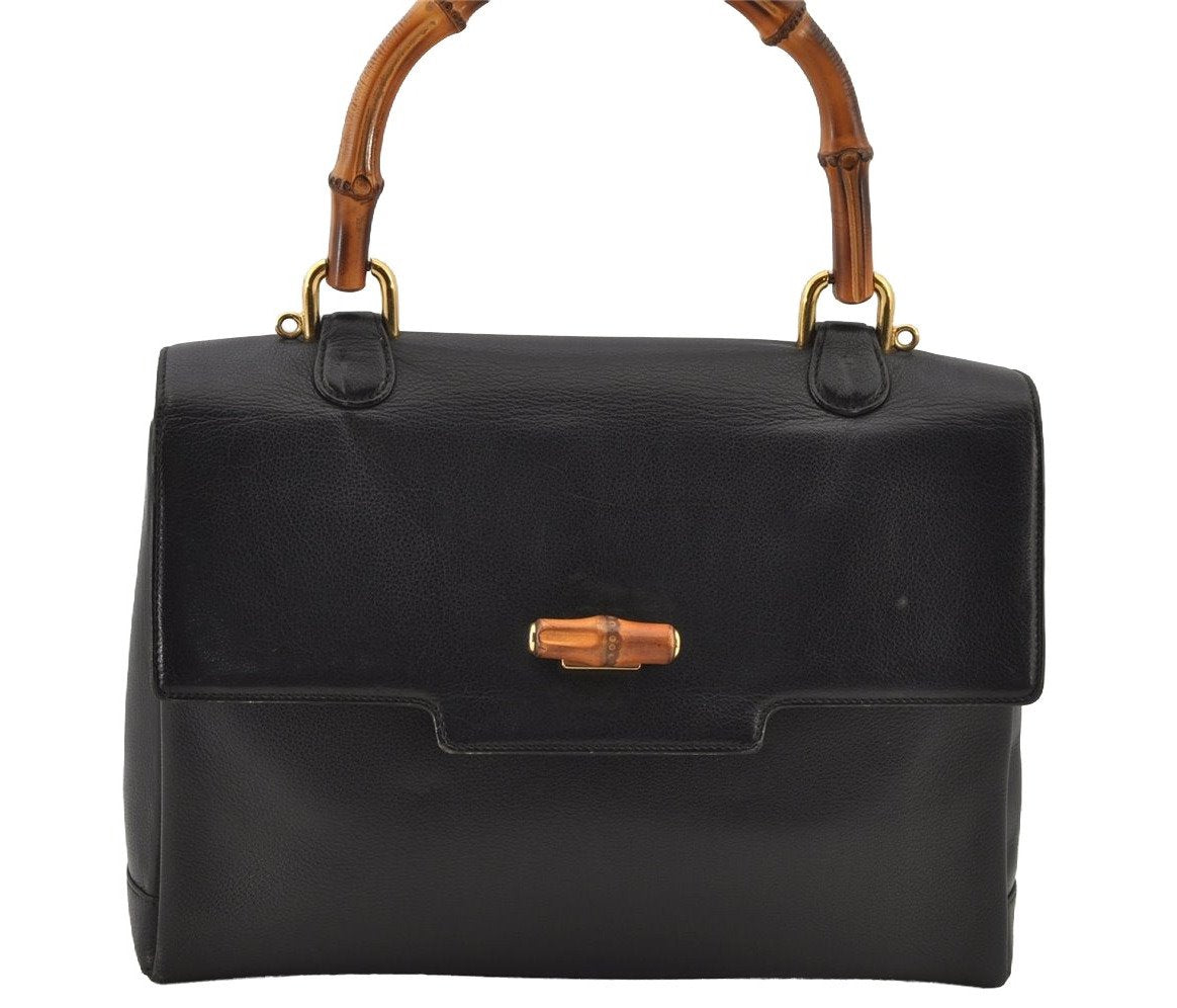 Authentic GUCCI Bamboo 2Way Hand Shoulder Bag Purse Leather Black Junk 6197J