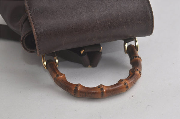 Authentic GUCCI Vintage Bamboo Drawstring Backpack Leather Brown 6197K