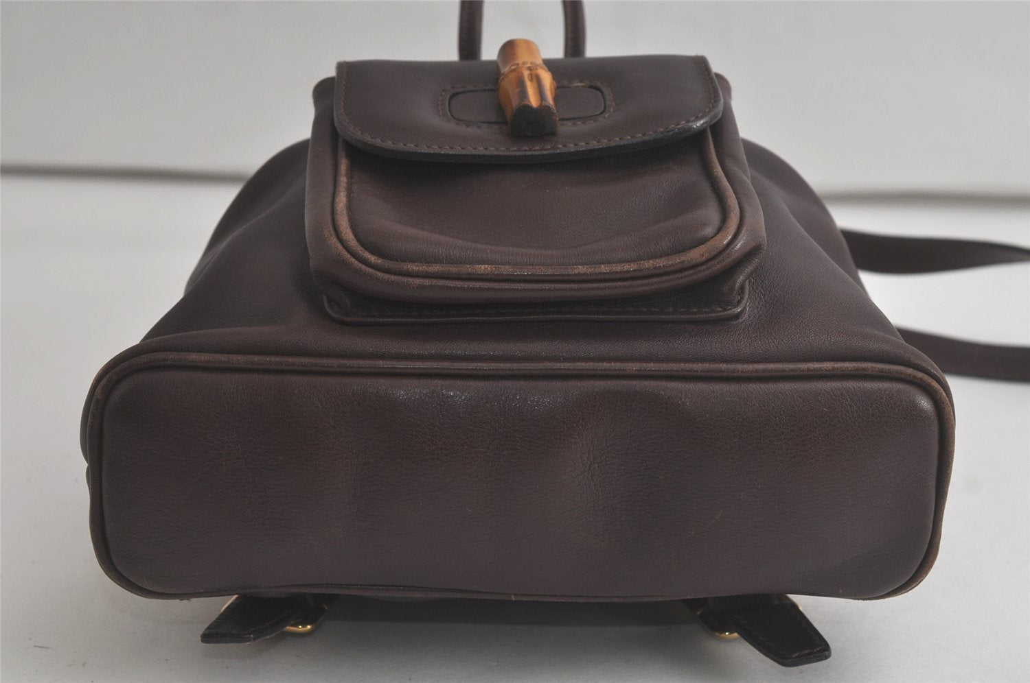Authentic GUCCI Vintage Bamboo Drawstring Backpack Leather Brown 6197K