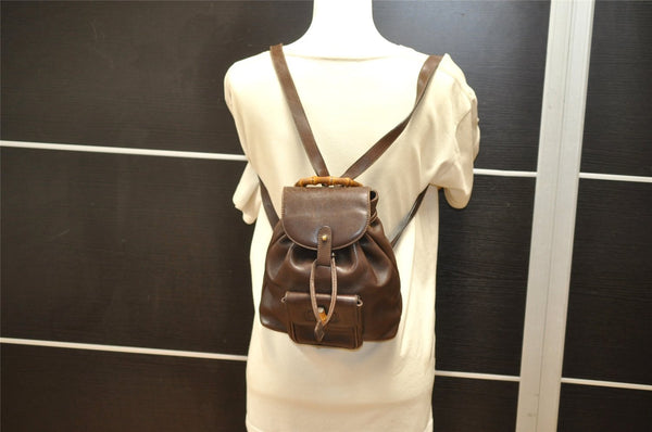 Authentic GUCCI Vintage Bamboo Drawstring Backpack Leather Brown 6197K