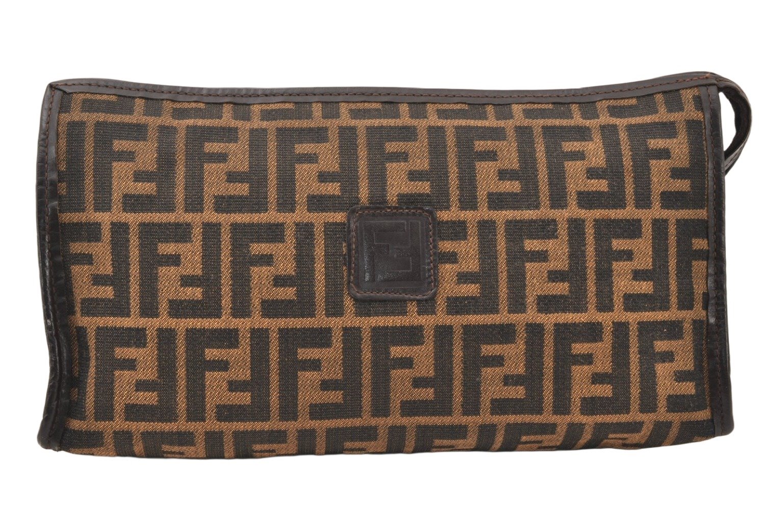 Authentic FENDI Zucca Clutch Hand Bag Purse Canvas Leather Brown Black 6212K