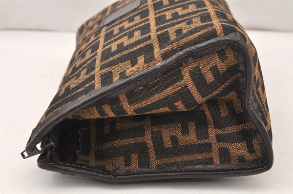 Authentic FENDI Zucca Clutch Hand Bag Purse Canvas Leather Brown Black 6212K