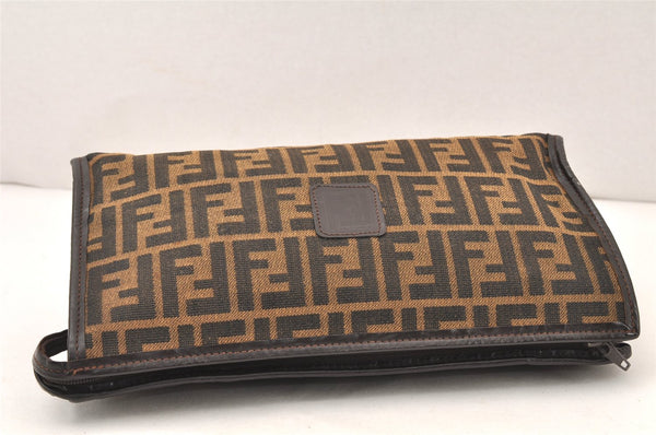 Authentic FENDI Zucca Clutch Hand Bag Purse Canvas Leather Brown Black 6212K