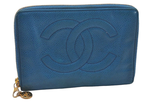 Authentic CHANEL Vintage Caviar Skin CoCo Mark Long Wallet Purse Blue 6217J