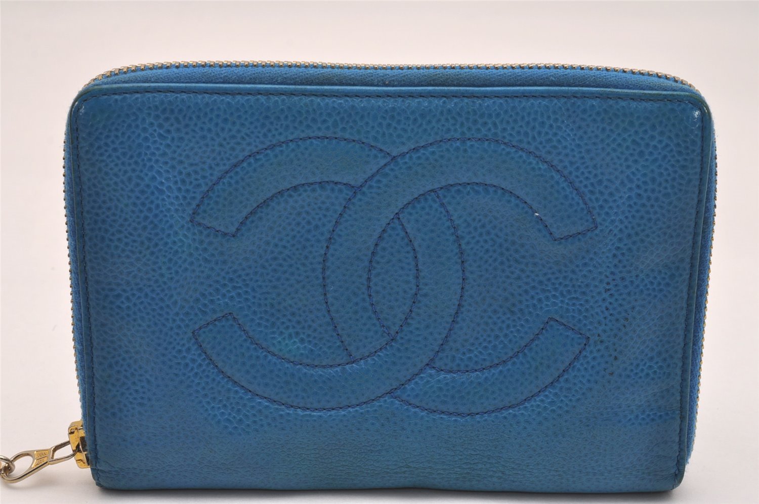 Authentic CHANEL Vintage Caviar Skin CoCo Mark Long Wallet Purse Blue 6217J