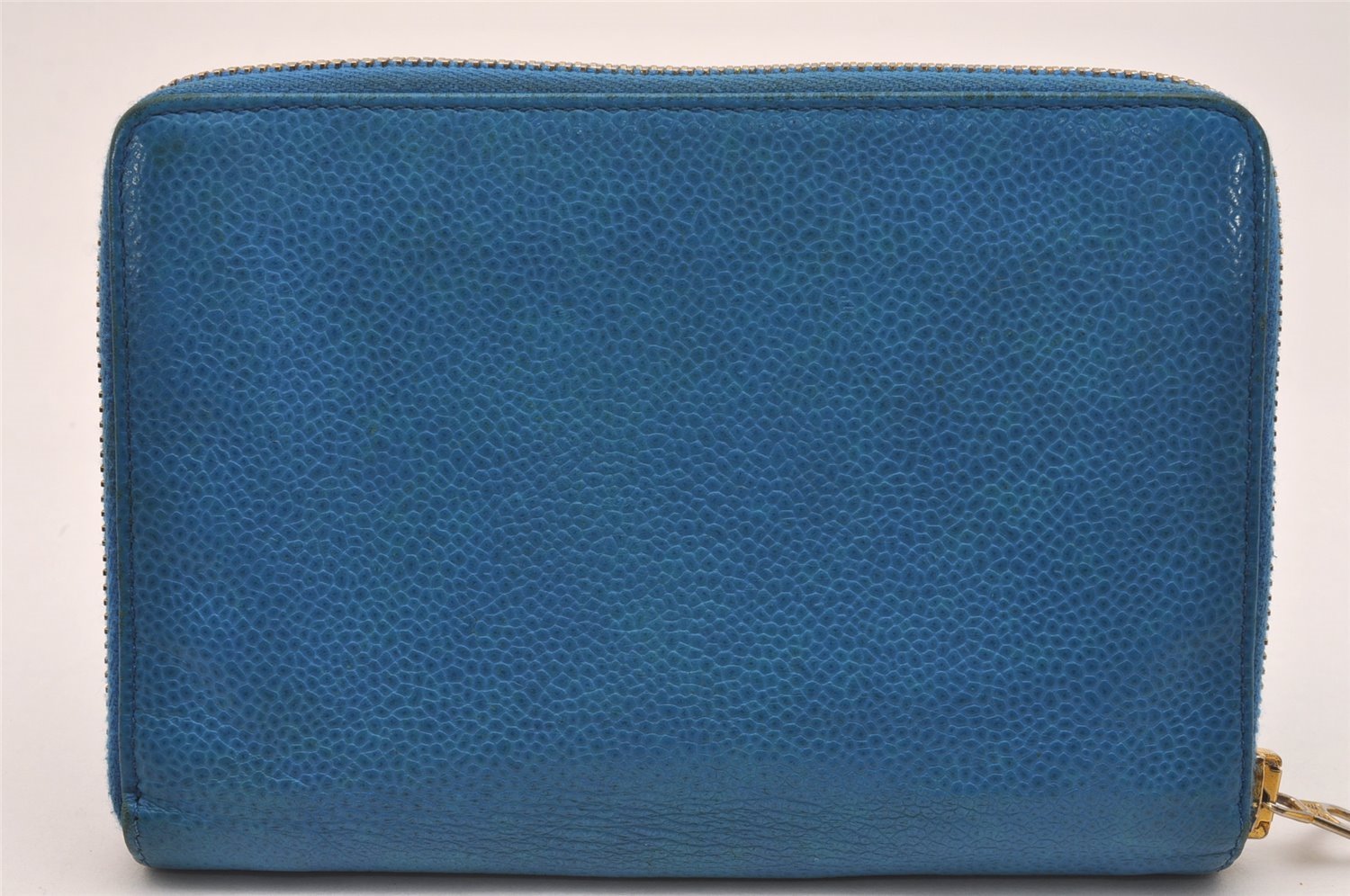 Authentic CHANEL Vintage Caviar Skin CoCo Mark Long Wallet Purse Blue 6217J