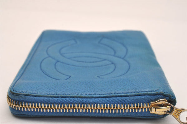 Authentic CHANEL Vintage Caviar Skin CoCo Mark Long Wallet Purse Blue 6217J