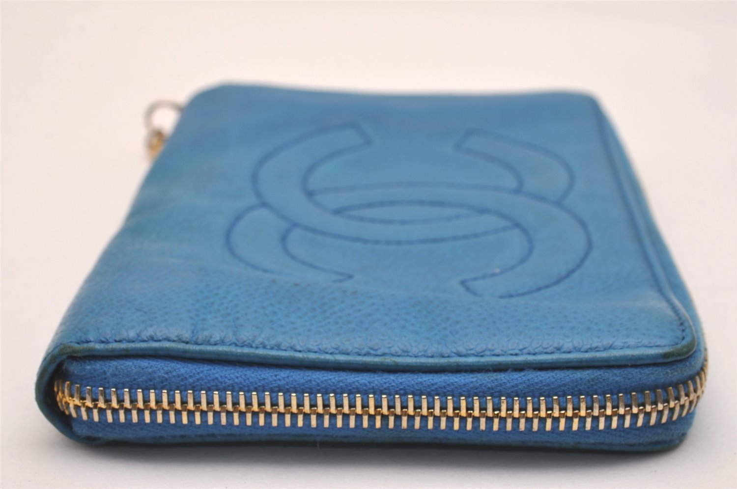 Authentic CHANEL Vintage Caviar Skin CoCo Mark Long Wallet Purse Blue 6217J