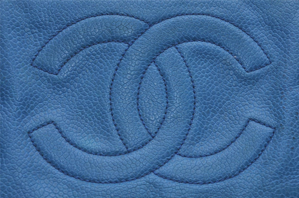 Authentic CHANEL Vintage Caviar Skin CoCo Mark Long Wallet Purse Blue 6217J