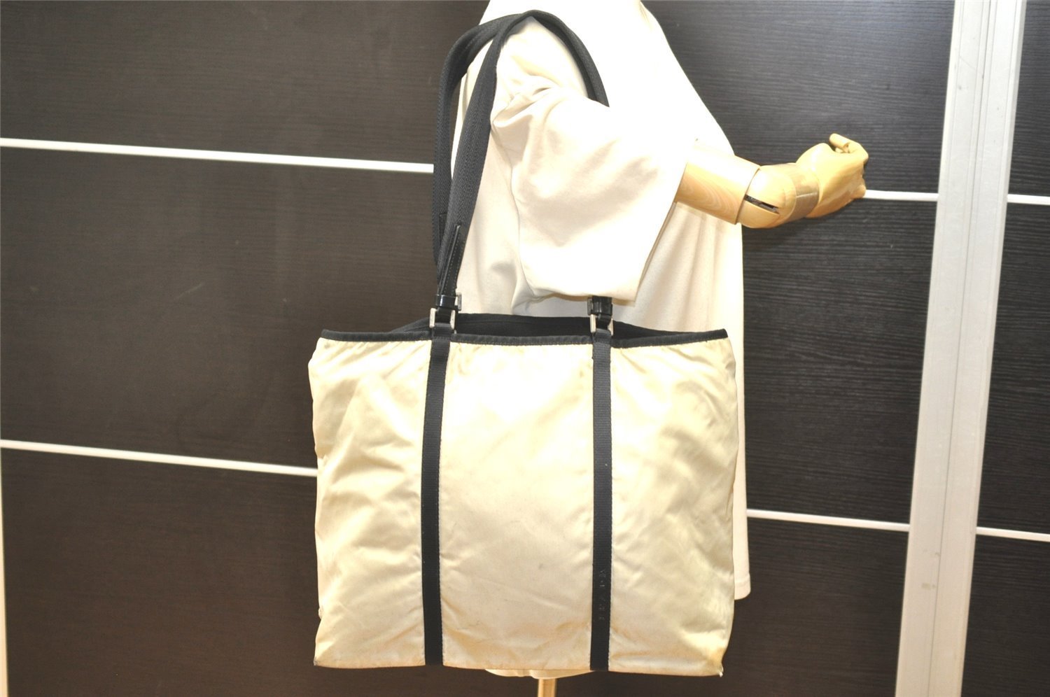 Authentic PRADA Vintage Nylon Tessuto Leather Shoulder Tote Bag Beige 6220K