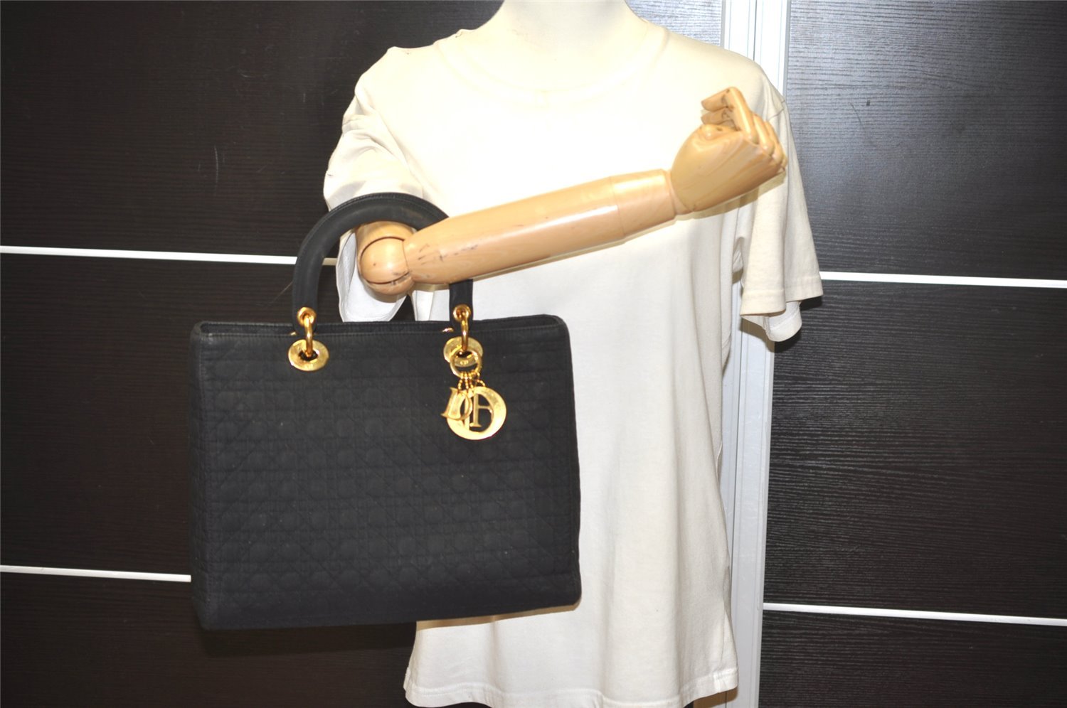 Authentic Christian Dior Lady Dior Cannage Nylon Hand Bag Black CD Junk 6231I