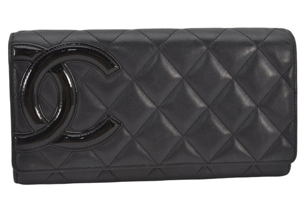 Authentic CHANEL Calf Skin Cambon Line CC Logo Bifold Long Wallet Black 6231K