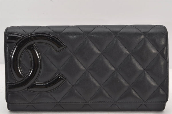 Authentic CHANEL Calf Skin Cambon Line CC Logo Bifold Long Wallet Black 6231K