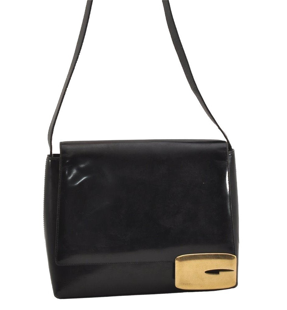 Authentic GUCCI Vintage Shoulder Bag Purse Enamel Black 6232J