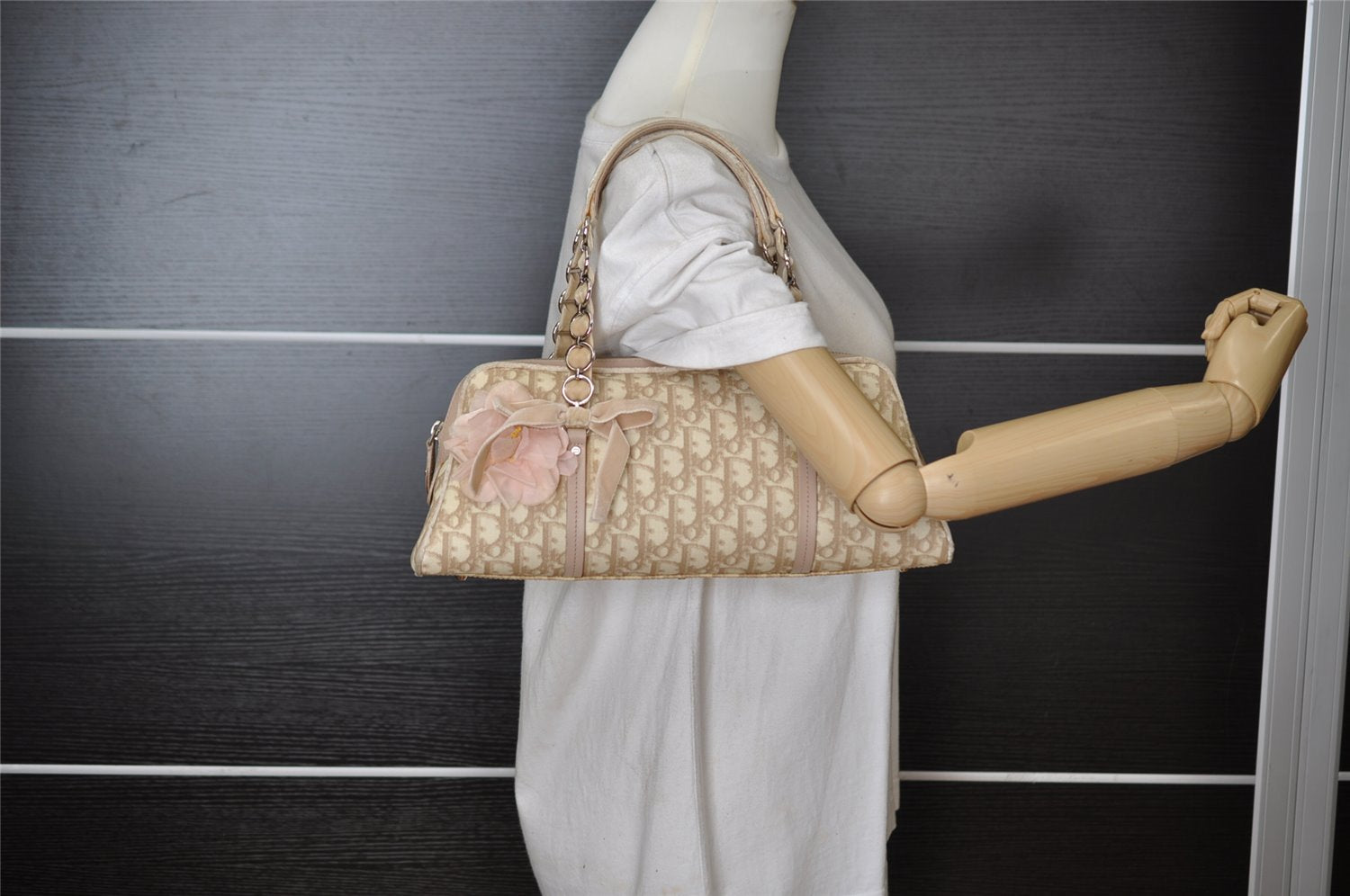 Authentic Christian Dior Trotter Romantic Hand Bag PVC Suede Leather Beige 6240I