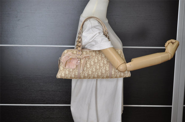 Authentic Christian Dior Trotter Romantic Hand Bag PVC Suede Leather Beige 6240I