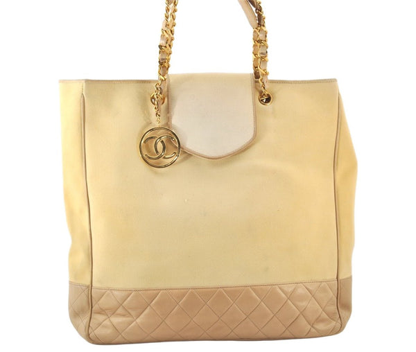 Authentic CHANEL Canvas Calf Skin Matelasse Chain Tote Bag White Cream CC 6241K