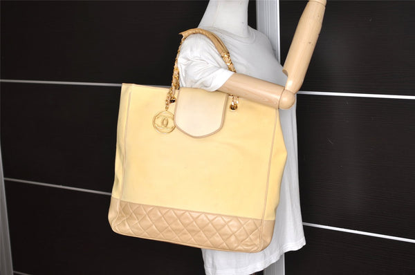 Authentic CHANEL Canvas Calf Skin Matelasse Chain Tote Bag White Cream CC 6241K