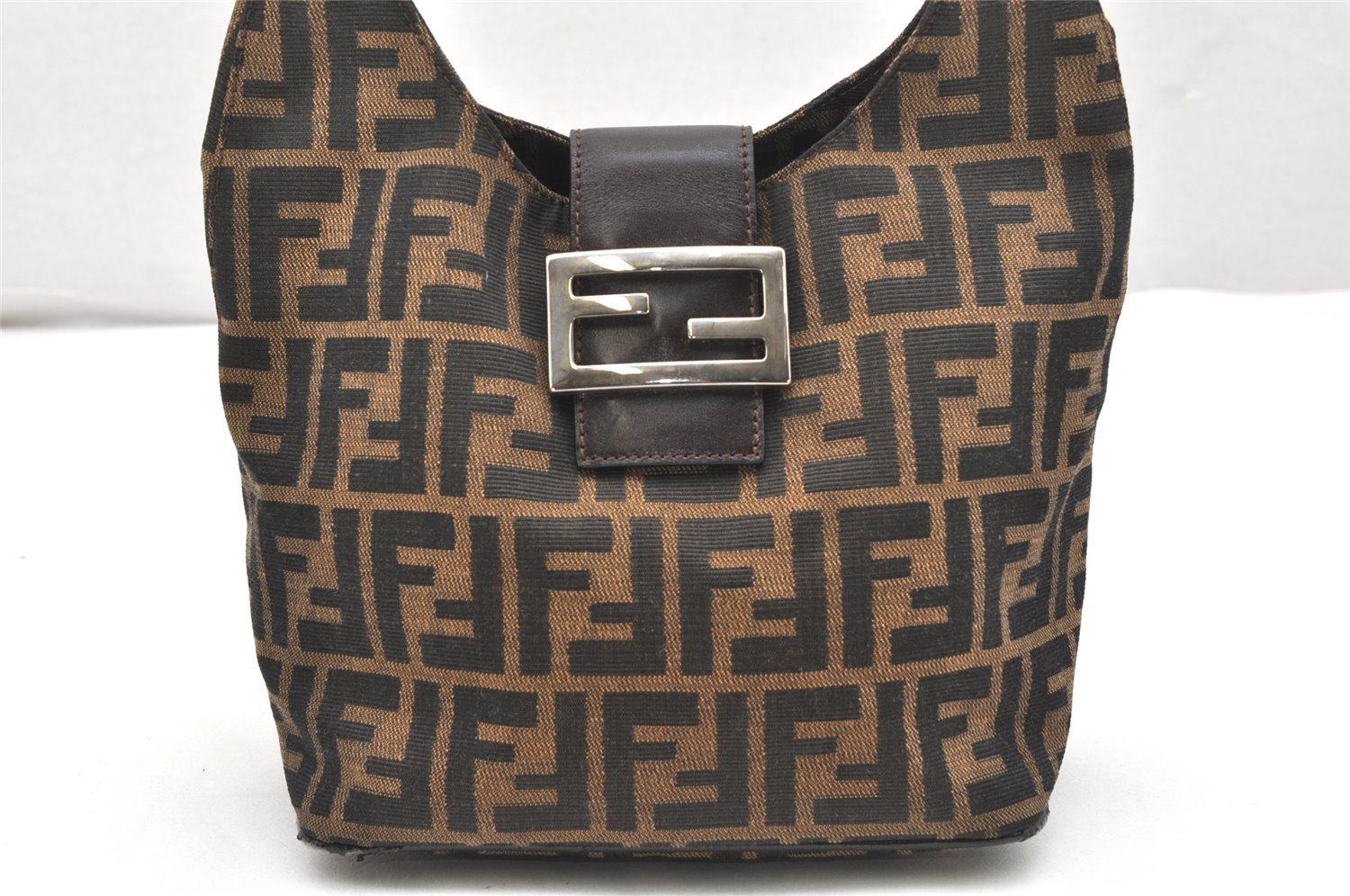 Authentic FENDI Zucca Mamma Baguette Shoulder Bag Canvas Leather Brown 6243K