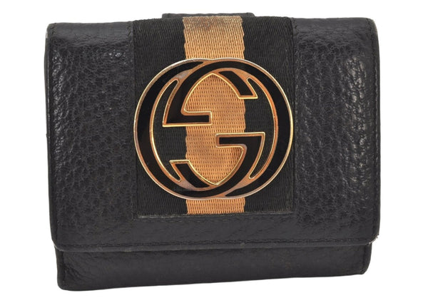 Auth GUCCI Sherry Line Interlocking G Bifold Wallet Leather 131865 Black 6250K