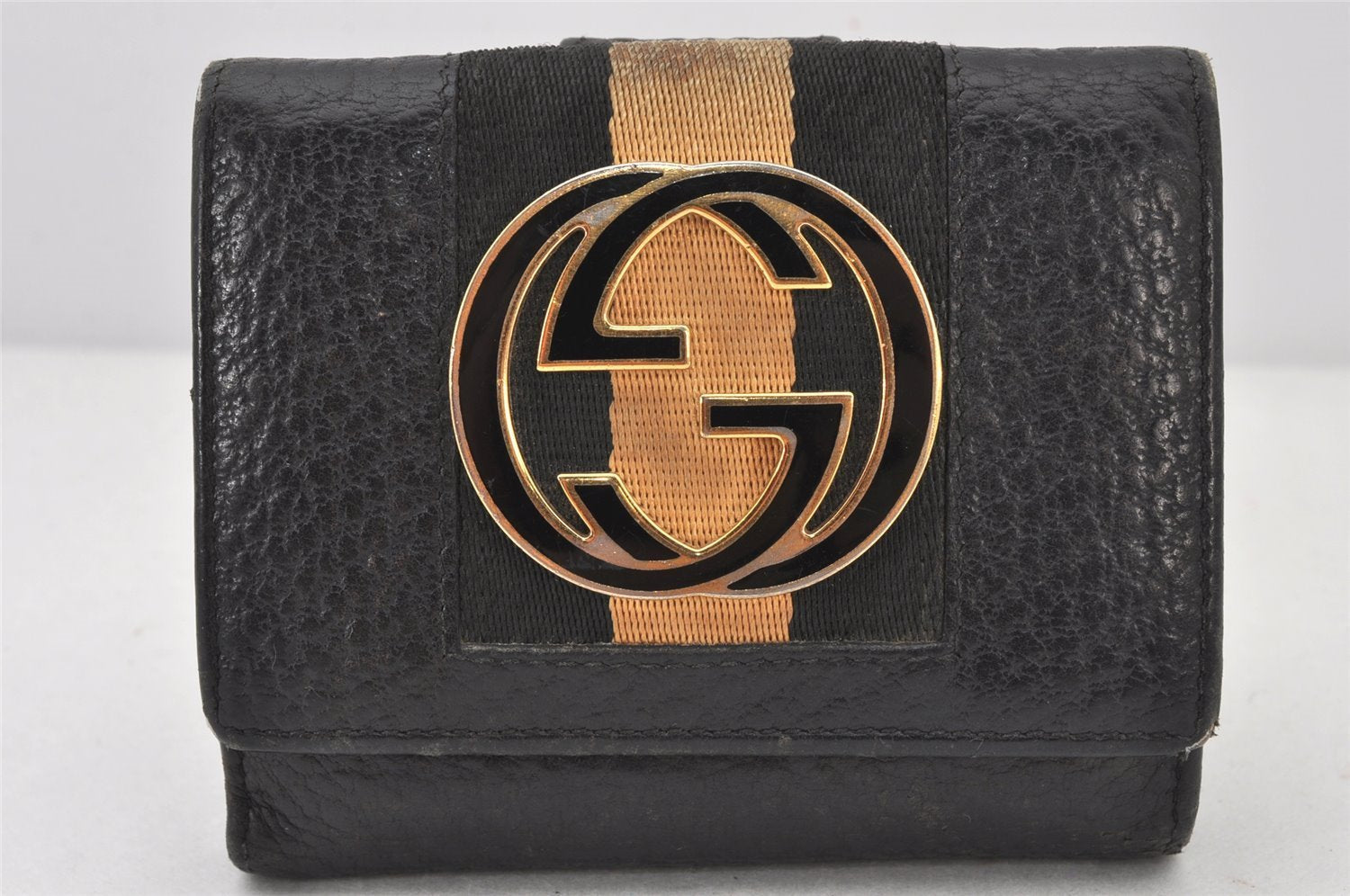 Auth GUCCI Sherry Line Interlocking G Bifold Wallet Leather 131865 Black 6250K