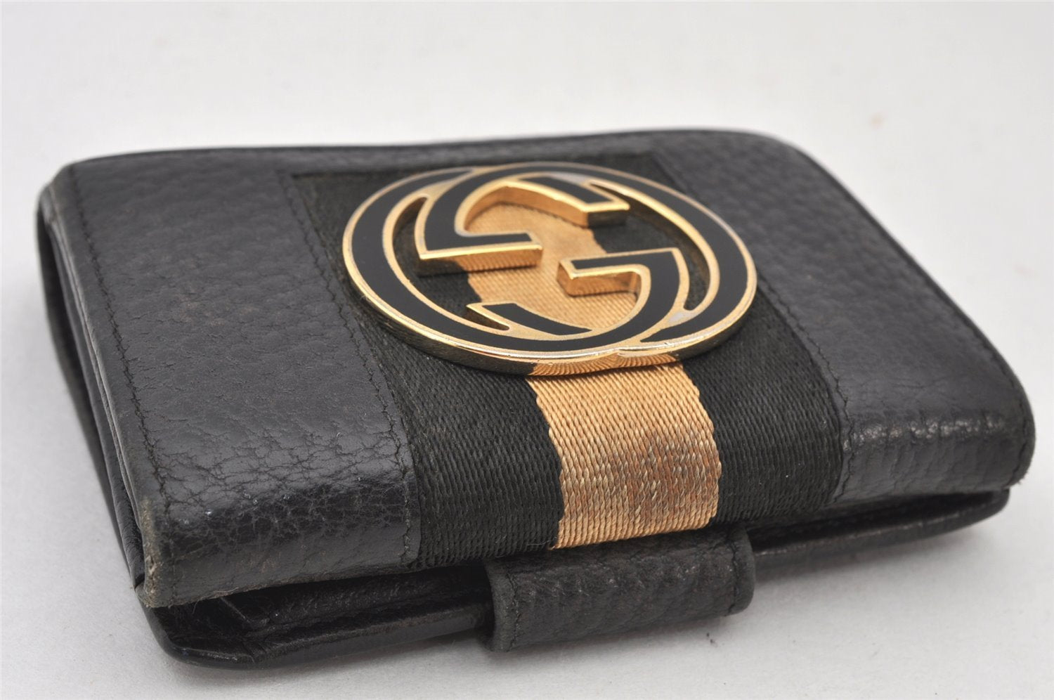 Auth GUCCI Sherry Line Interlocking G Bifold Wallet Leather 131865 Black 6250K