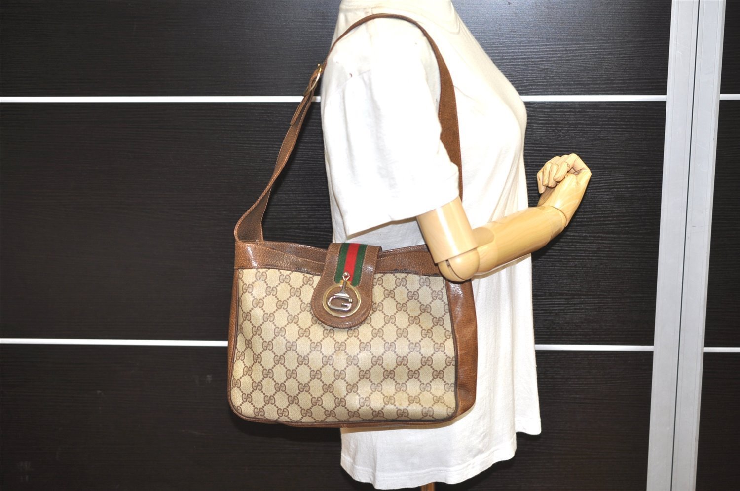 Authentic GUCCI Web Sherry Line Shoulder Cross Bag GG PVC Leather Brown 6258K