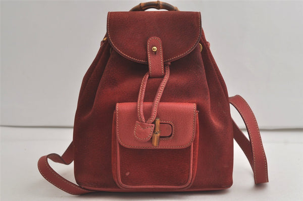 Authentic GUCCI Vintage Drawstring Bamboo Backpack Suede Leather Red 6261K