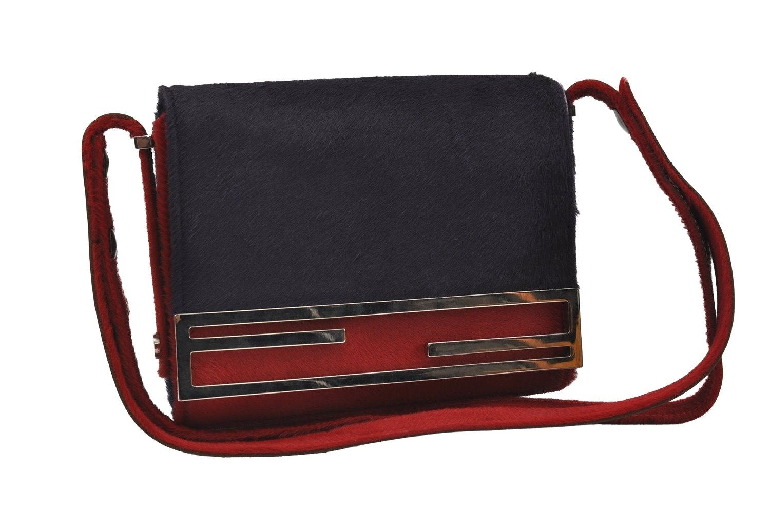 Authentic FENDI Shoulder Cross Body Bag Purse Unborn Calf Leather Red Navy 6268I