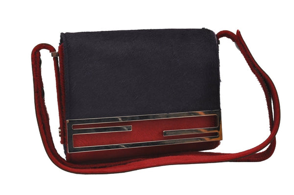 Authentic FENDI Shoulder Cross Body Bag Purse Unborn Calf Leather Red Navy 6268I